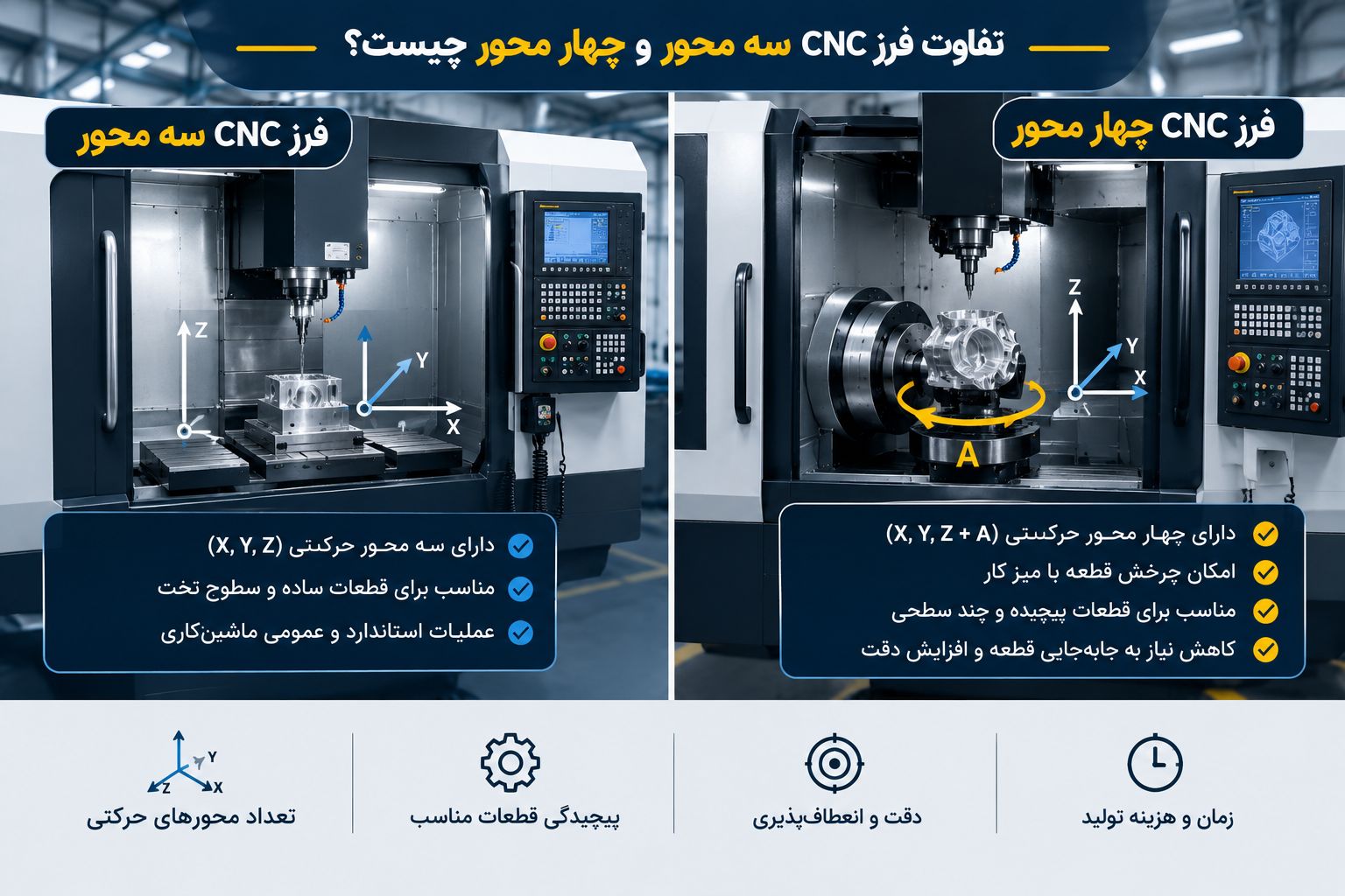 تفاوت فرز CNC سه محور و چهار محور چیست؟